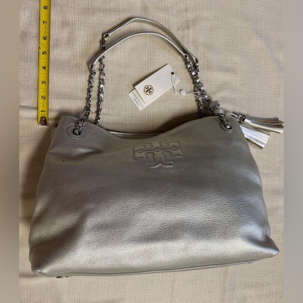 Tory Burch Thea Chain Shoulder Tote Bag Silver Leather, *New With Defects - Picture 10 of 16